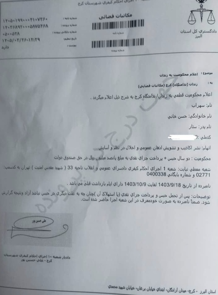 Court verdict sentencing Sohrab Hasankhani to two years’ imprisonment, issued by the Judiciary of Alborz Province